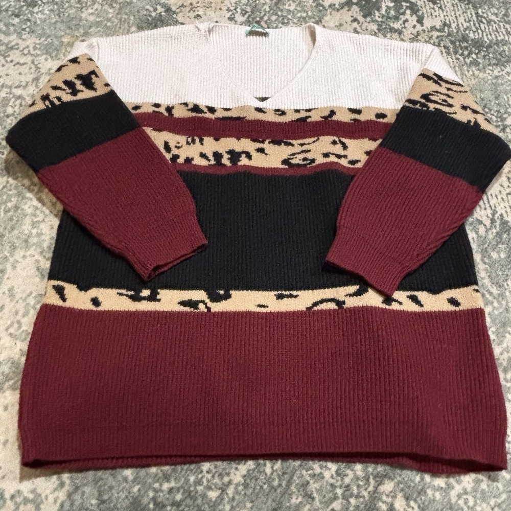 Sunshine & Rodeos Vintage Leopard Colorblock Pullover Sweater V-Neck 2XL
